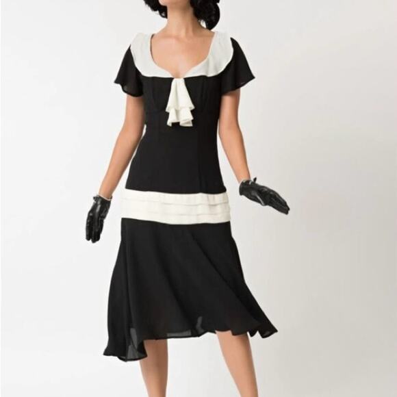Unique Vintage 1920s Flapper Dress Black and Cream Sz M 44 - Picture 3 of 6